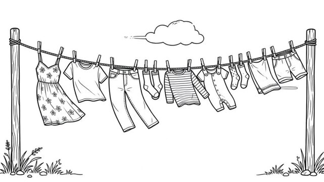 Clothes drying on a clothesline under a cloudy sky. The laundry includes various garments like a dress, t-shirts, pants, and socks, held by clothespins