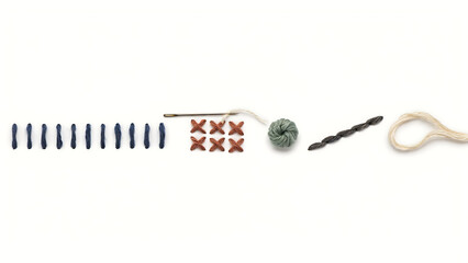 Fototapeta premium Sewing needle with blue stitches, brown crosses, and yarn thread isolated on a transparent background