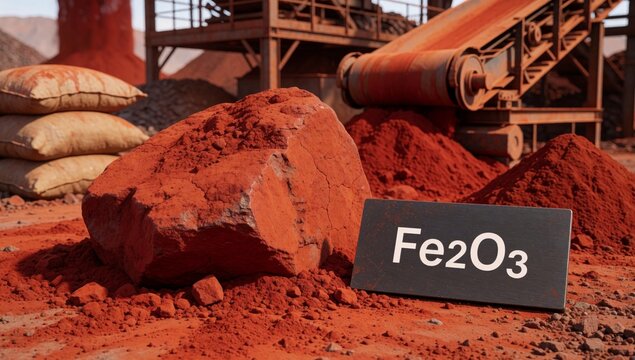 Large pile red powder which appears fe2o3 quarry scattered bags same left side conveyor belt right background