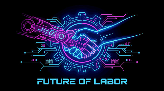 Future of labor neon robot and human handshake.