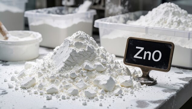 Pile white powder which appears zno table finely ground has rough texture background there several plastic con