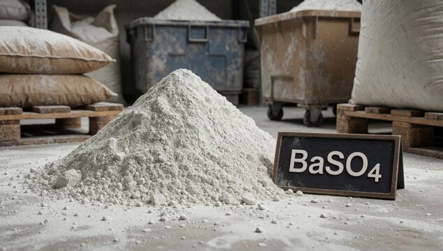 Pile white powder which appears type granular material warehouse storage area center black sign reads baso4 ri