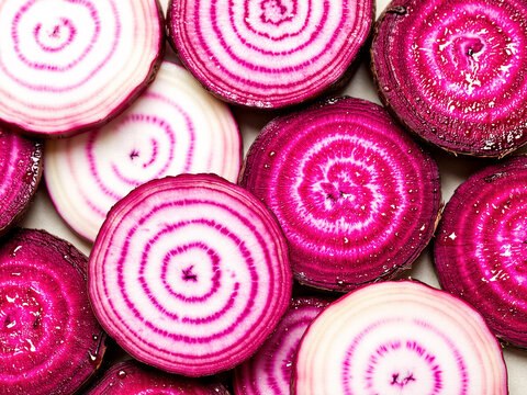 Pattern of fresh beetroot slices with concentric rings