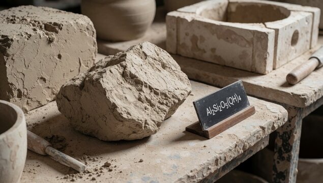 Workbench pottery studio there several pieces clay appear process made light brown color has rough texture lar