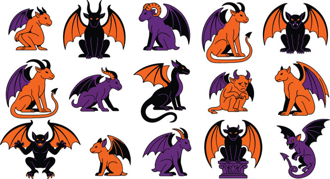 Cartoon monster and gargoyle character collection for halloween celebration with gargoyle halloween creature character collection mysterious mythology