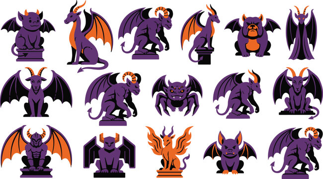Set of cute cartoon gargoyle and demon characters for halloween design elements with gargoyle halloween creature character mythology horrific collection