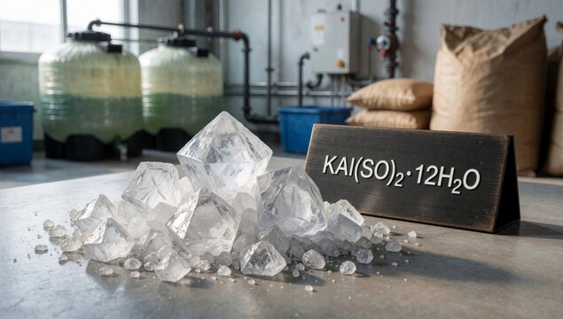 Pile small clear crystals concrete surface center there black rectangular sign white text reads kai so2 2-12h2