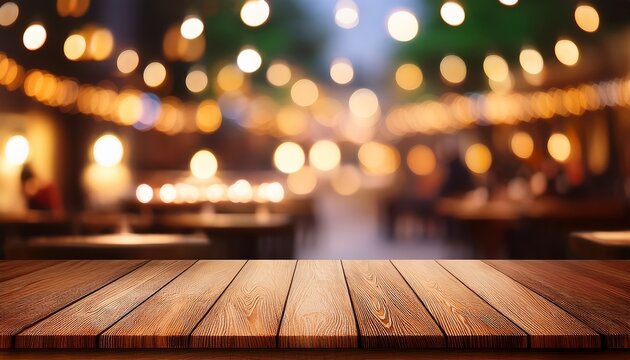 empty wooden table top with lights bokeh on blur restaurant background