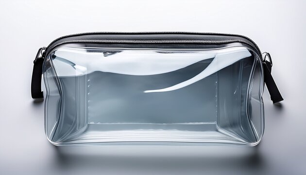 ai image displays an empty transparent plastic toiletries bag with white trim and zipper isolated clearly on a plain white background