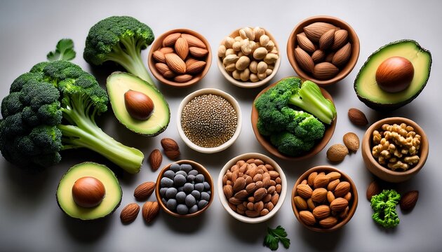 healthy food sources rich in potassium nutrient mineral with avocado broccoli and nuts