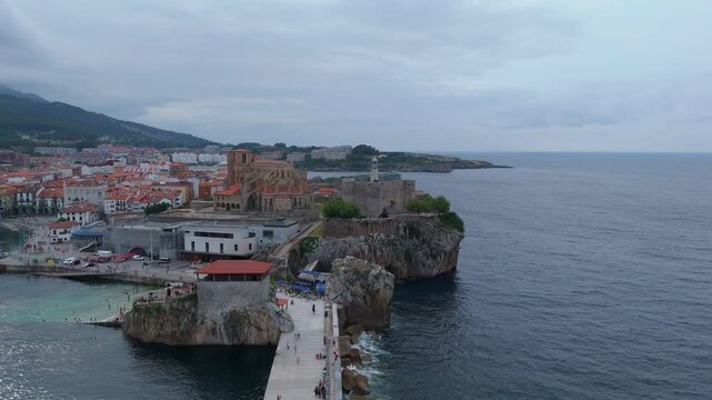 Scenic aerial view of castro urdiales and santa maria church