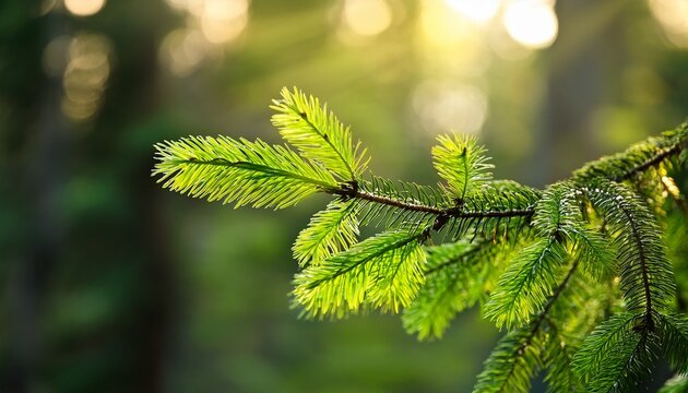 fresh green new growth on a spruce tree branch in spring forest light
