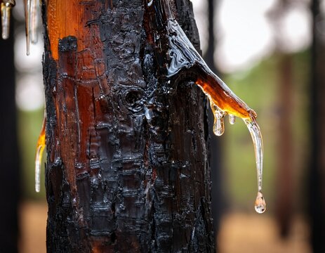 closeup of sap dripping from the bark of a burnt longleaf pine