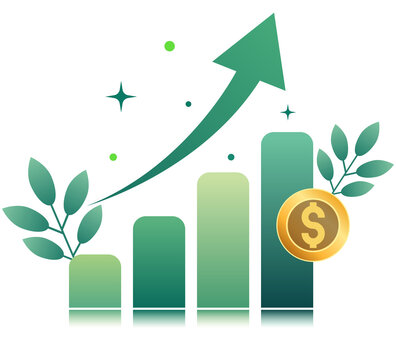 Green bar chart with an upward arrow, gold dollar coin, and growing leaves, representing financial growth and sustainable investment on a transparent background.