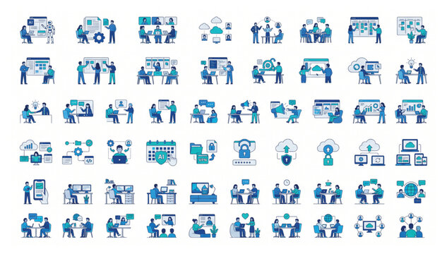 Business Teamwork and Office Collaboration Vector Illustration Set with Corporate Employees, Digital Workplace, Remote Work, Team Communication and Productivity Concepts