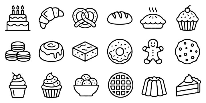 Sweet dessert and bakery icon set with candy, pastry, cake and ice cream line art symbols vector illustration.