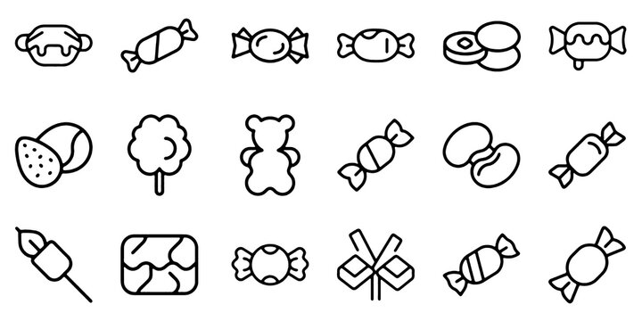Candy icon set Vector outline with sweets, treats and sweet food symbols for packaging and branding design. Editable vector illustration.