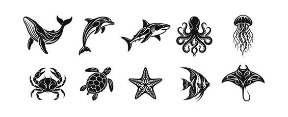 Fototapeta premium Decorative tribal style sea animal icons collection for printing tattoos and logo branding.