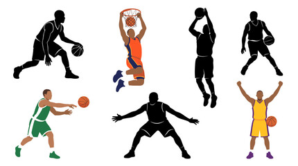 Set of vector collection featuring different basketball player action poses, dribbling basketball, slam dunk, jump shot, chest pass, defensive stance, celebrating victory with basketball © mehdik
