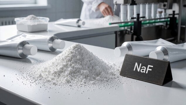 Laboratory table pile white powder left side there tubes silver caps next small black sign word naf written le