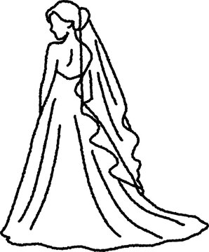 Side view bride with long veil wedding line art vector
