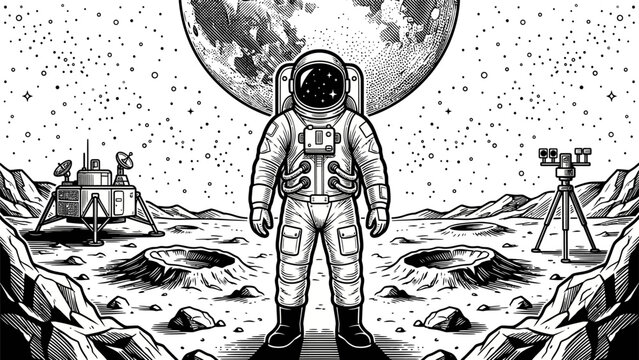 Astronaut standing on moon surface with crater and lunar rover equipment, retro space exploration concept, line art engraving , vector illustration