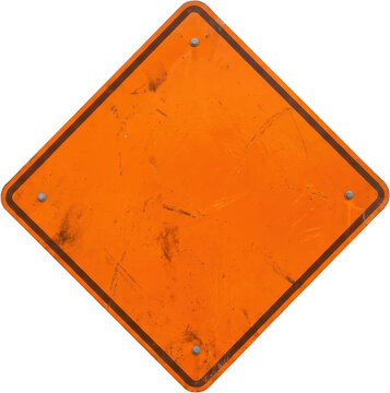A blank weathered orange diamond shaped traffic sign with scuffs and rust marks bordered by a thin dark line and secured by metal bolts orange sign warning sign road sign