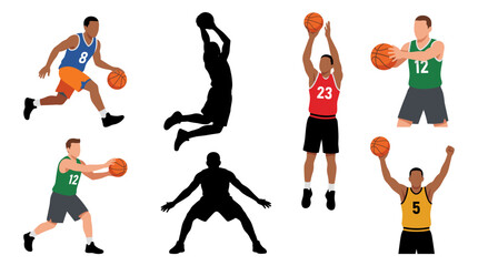 Professional vector collection featuring different basketball player action poses, dribbling basketball, slam dunk, jump shot, chest pass, defensive stance, celebrating victory with basketball © mehdik