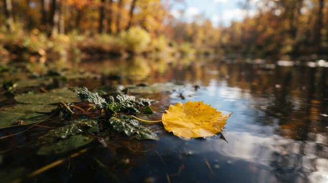 Close view of a fallen yellow leaf resting on the water.