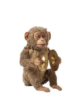 Vintage Mechanical Wind-up Monkey Toy Playing Brass Cymbals Isolated on Transparent Background