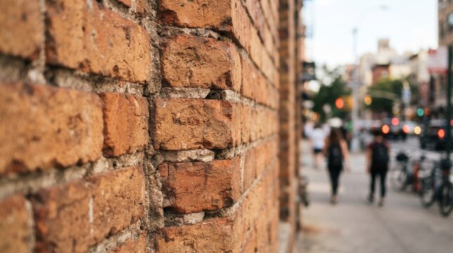 Close view of a rough red brick wall corner contrasting with a busy modern urban environment.