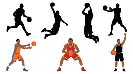 Professional vector collection featuring different basketball player action poses, dribbling basketball, slam dunk, jump shot, chest pass, defensive stance, celebrating victory with basketball © mehdik