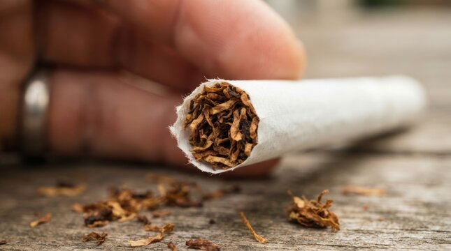 Person holding a freshly rolled cigarette with loose tobacco on a wooden table.