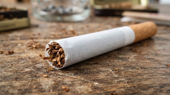 Macro shot of a handmade cigarette showing the texture of dry brown tobacco leaves.