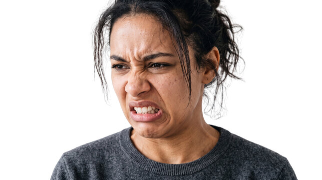 Close-up of Disgusted Young Woman Making Repulsed Facial Expression Isolated on Transparent Background