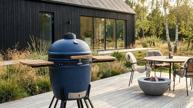 Modern backyard patio with ceramic charcoal grill beside outdoor dining set, calm late afternoon light and natural landscaping, ideal for summer cooking and entertaining