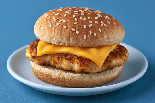 Fish smash burger in dish on blue background