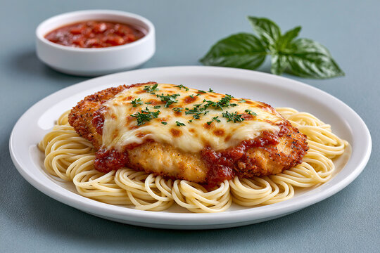 Chicken parmigiana with spaghetti on blue background