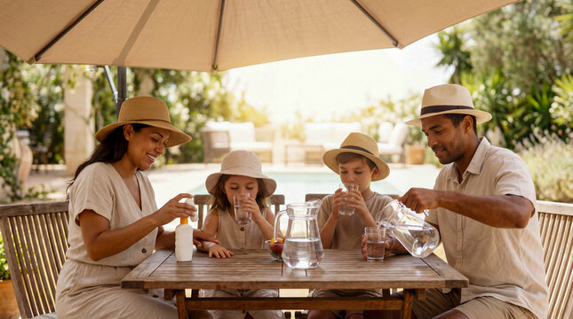 Family Applying Sunscreen and Drinking Water Poolside in Summer