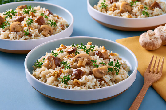 Risotto al Funghi or mushroom risotto on blue background