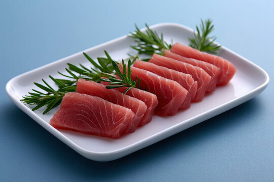 Tuna sashimis in dish on blue background