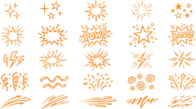 Hand drawn comic explosion vector set, orange doodle star and spark icons, pop art speech bubble and lightning bolt elements for creative design