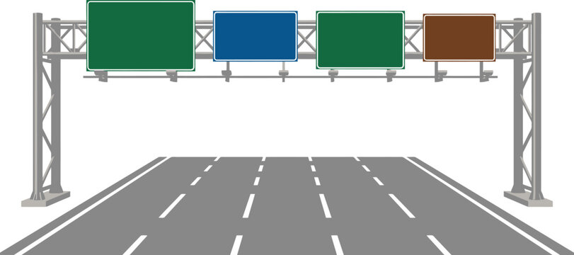 Highway overhead gantry with blank road signs, multi-lane asphalt freeway vector illustration, empty green and blue traffic signage for navigation