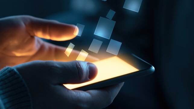 Glowing learning cards streaming from a smartphone, microlearning and edtech concept