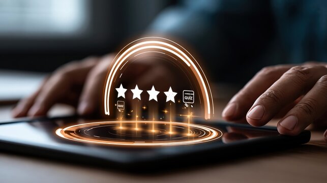 Glowing progress ring and stars on a tablet held by hands, gamified e-learning concept