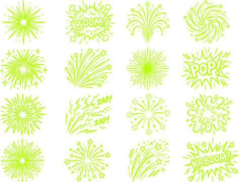Neon green fireworks and comic explosion vector set, 16 vibrant firework burst icons, pop art speech bubbles with boom and zap text for celebration