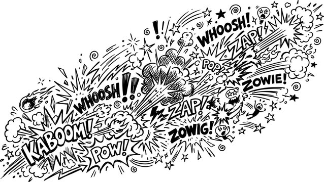 Vintage comic book sound effects, black and white pop art explosion vector, retro superhero action bubbles with kaboom and zap text