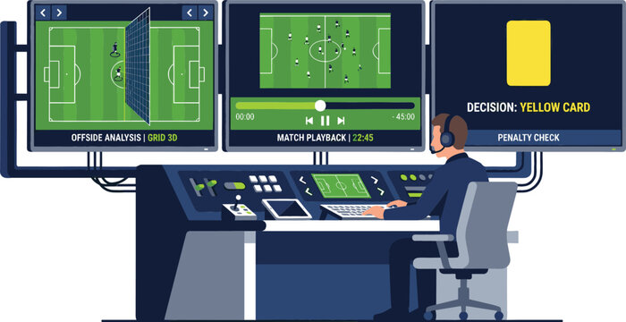 Football video assistant referee VAR room control panel with screens displaying match replay offside line and yellow card vector