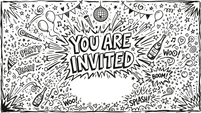 Hand-drawn party invitation vector, You Are Invited text with festive doodle elements, black and white celebratory background for events
