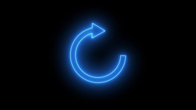 Glowing blue neon circular arrow rotating on black background